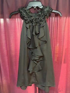 Violet & Claire Black Halter Blouse with Floral Neckline and Cascading Ruffles